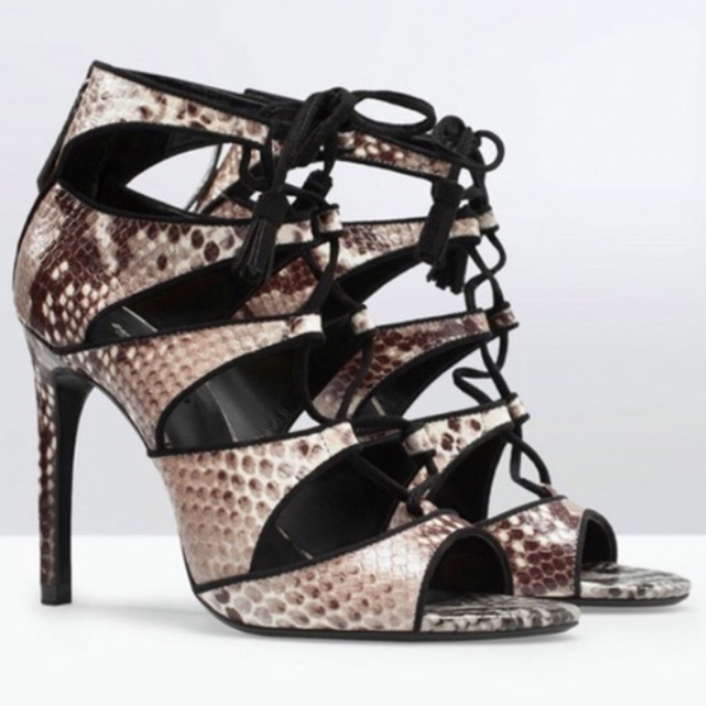 Zara Snakeskin Lace-Up Sandals Party Heels Zipper Back 39 US 8.5
